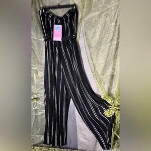 NWT! MIA Rose Wo Sz 2X Black & White Striped Wide Leg  Strapless Jumpsuit